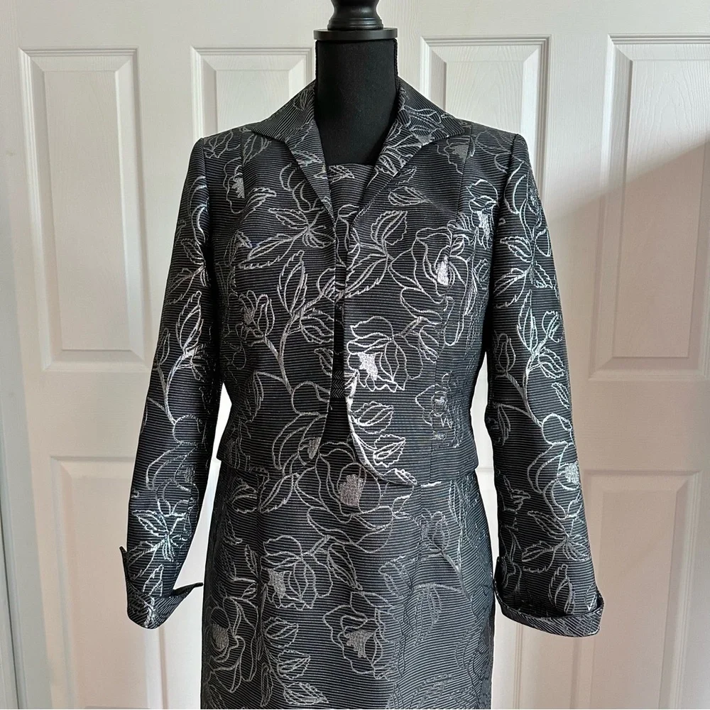 Nipon Boutique Black and Silver Floral Jacket and Cocktail Dress Set